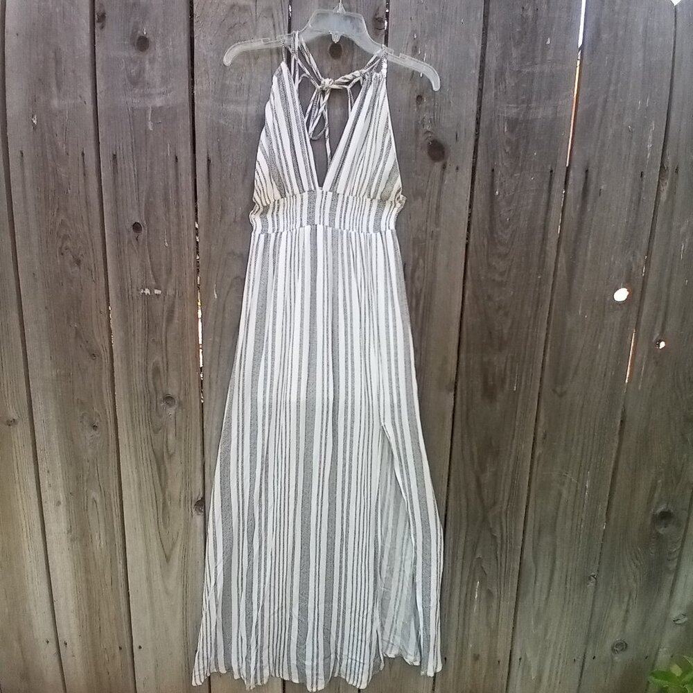 TIMING DRESS WOMENS SZ S STRIPED GRAY IVORY PULLOVER ELASTIC WAIST TIE BACK